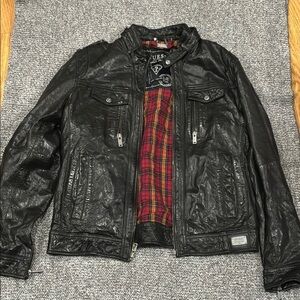 Guess Black Leather Jacket with Red Plaid Lining